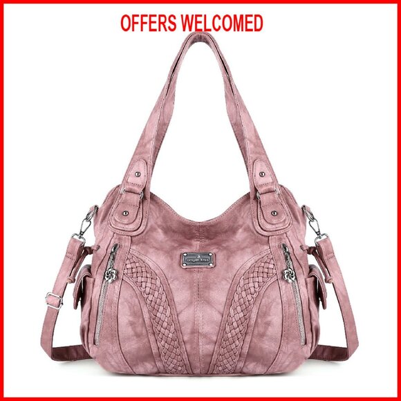 Soft Washed PU Leather Tote Bag with Adjustable Strap, Multiple Pockets - Picture 1 of 8